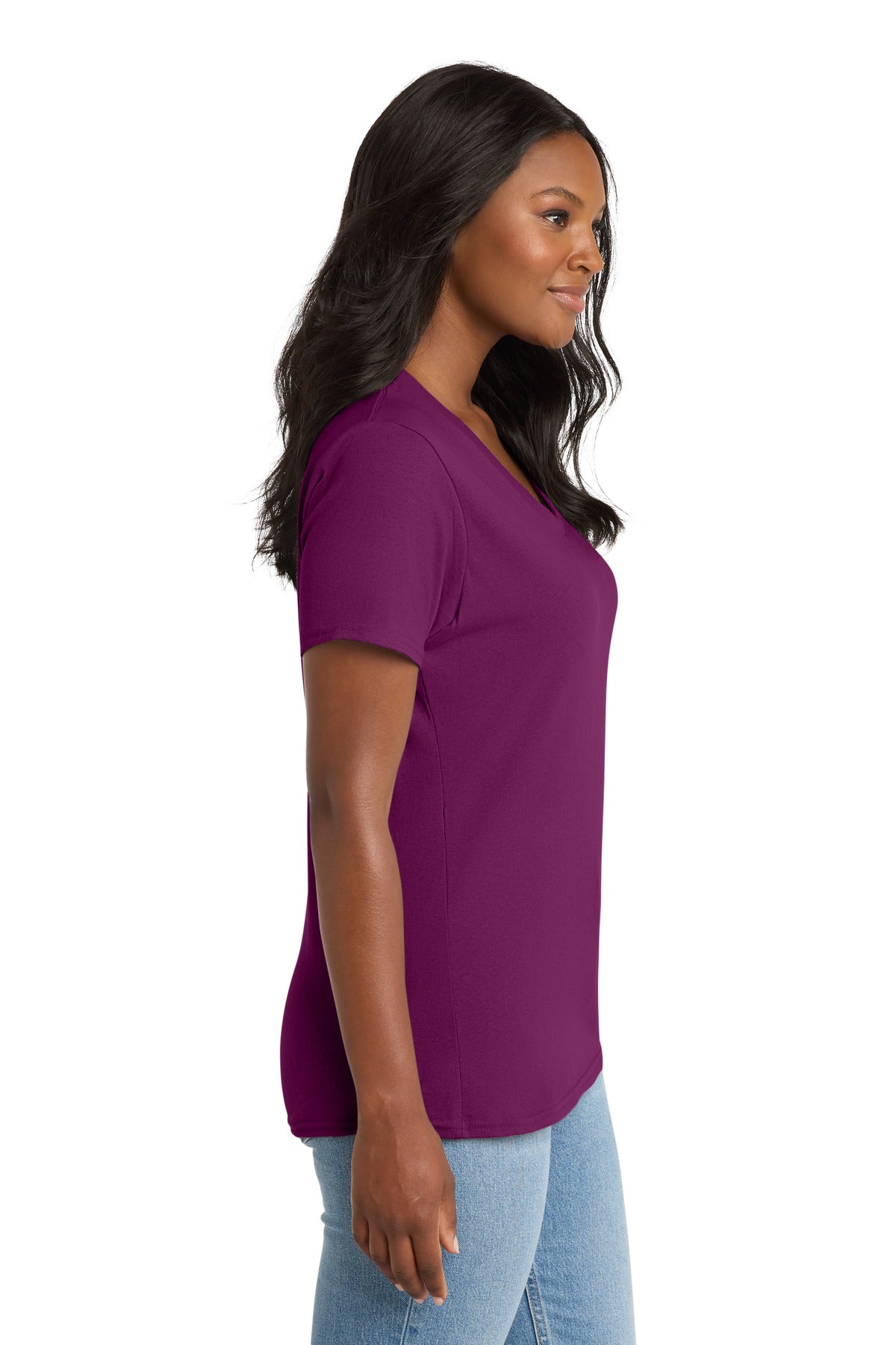 Right View of Raspberry Port & Co Women's Core Cotton V-Neck Tee. LPC54V plain