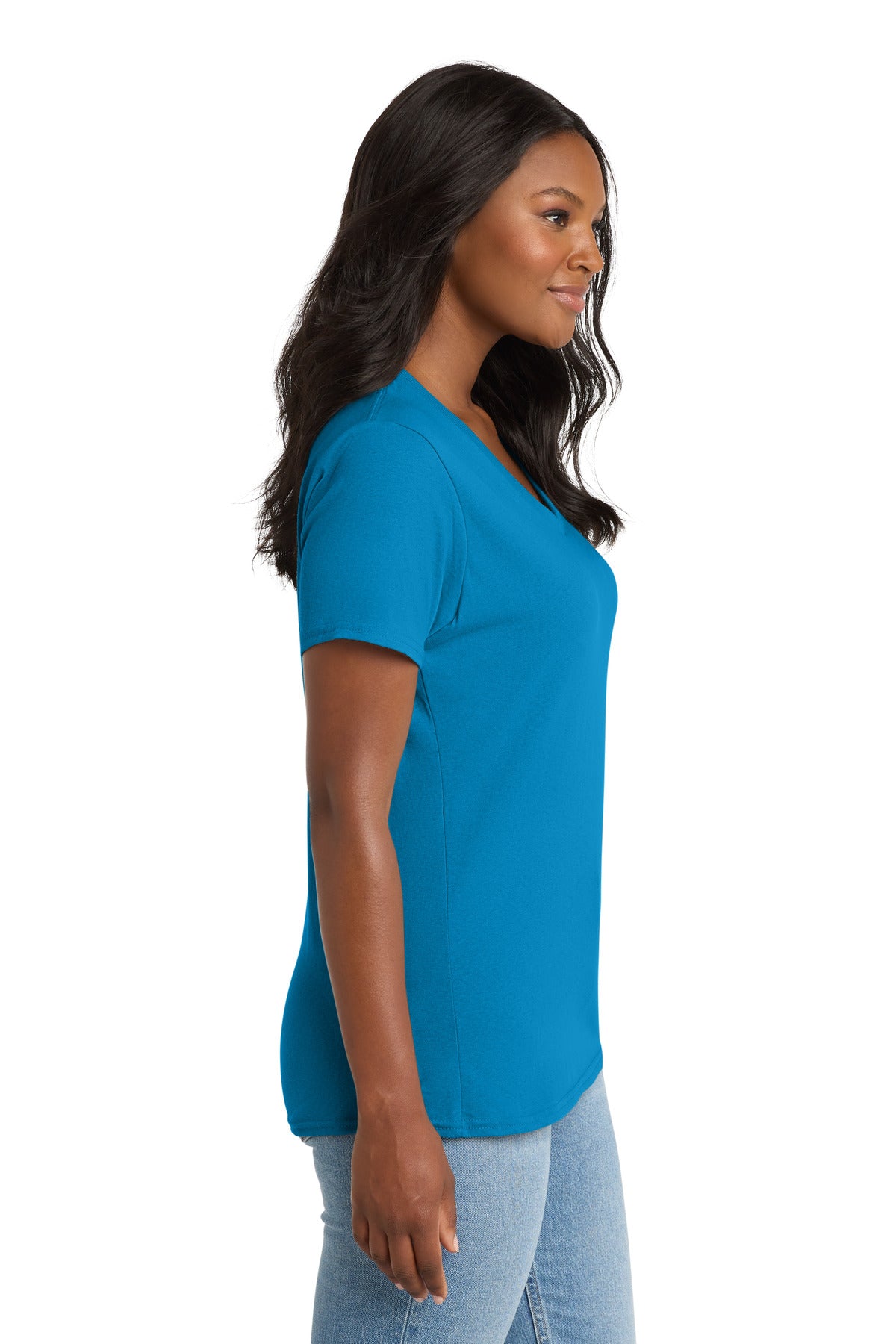Right View of Sapphire Port & Co Women's Core Cotton V-Neck Tee. LPC54V plain