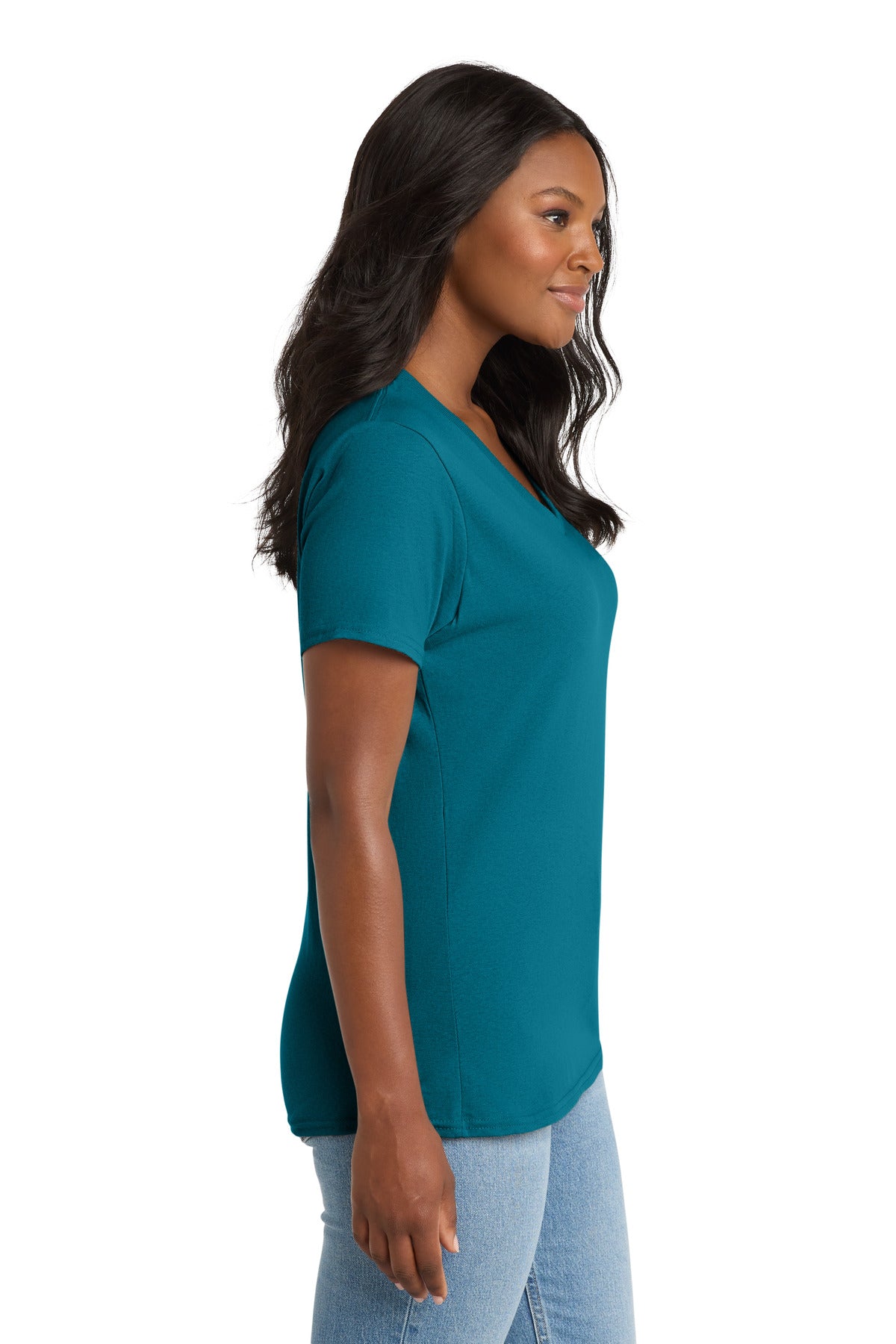 Right View of Teal Port & Co Women's Core Cotton V-Neck Tee. LPC54V plain