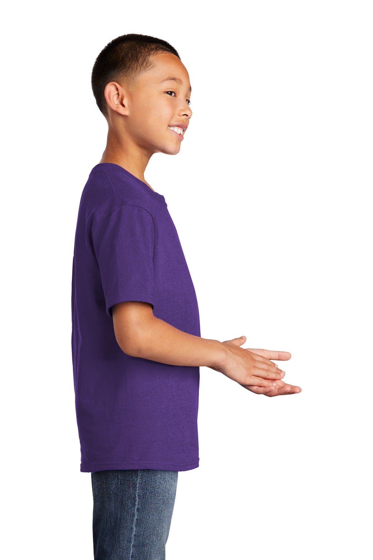 Right View of Team Purple Port & Co Youth Core Cotton Tee. PC54Y plain