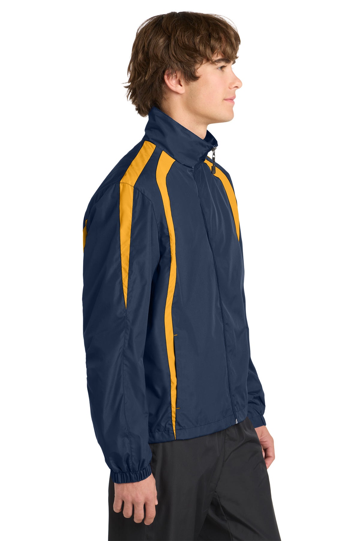 Right View of True Navy/Gold Sport-Tek Colorblock Raglan Jacket. JST60 plain