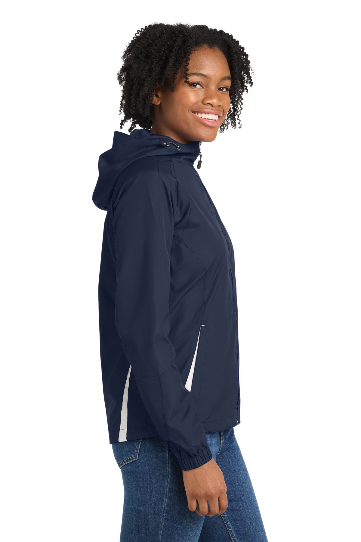 Right View of True Navy/Wht Sport-Tek Women's Colorblock Hooded Raglan Jacket. LST76 plain