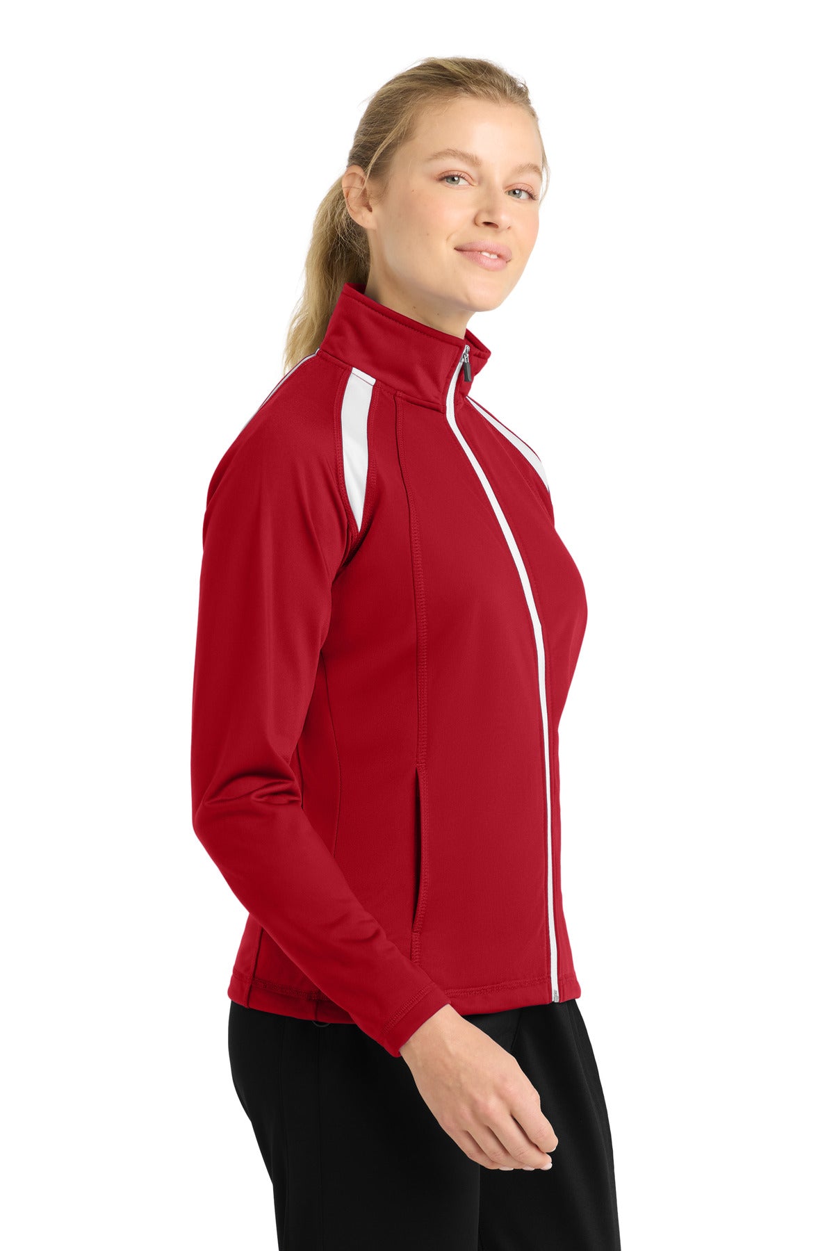 Right View of True Red/White Sport-Tek Women's Tricot Track Jacket. LST90 plain