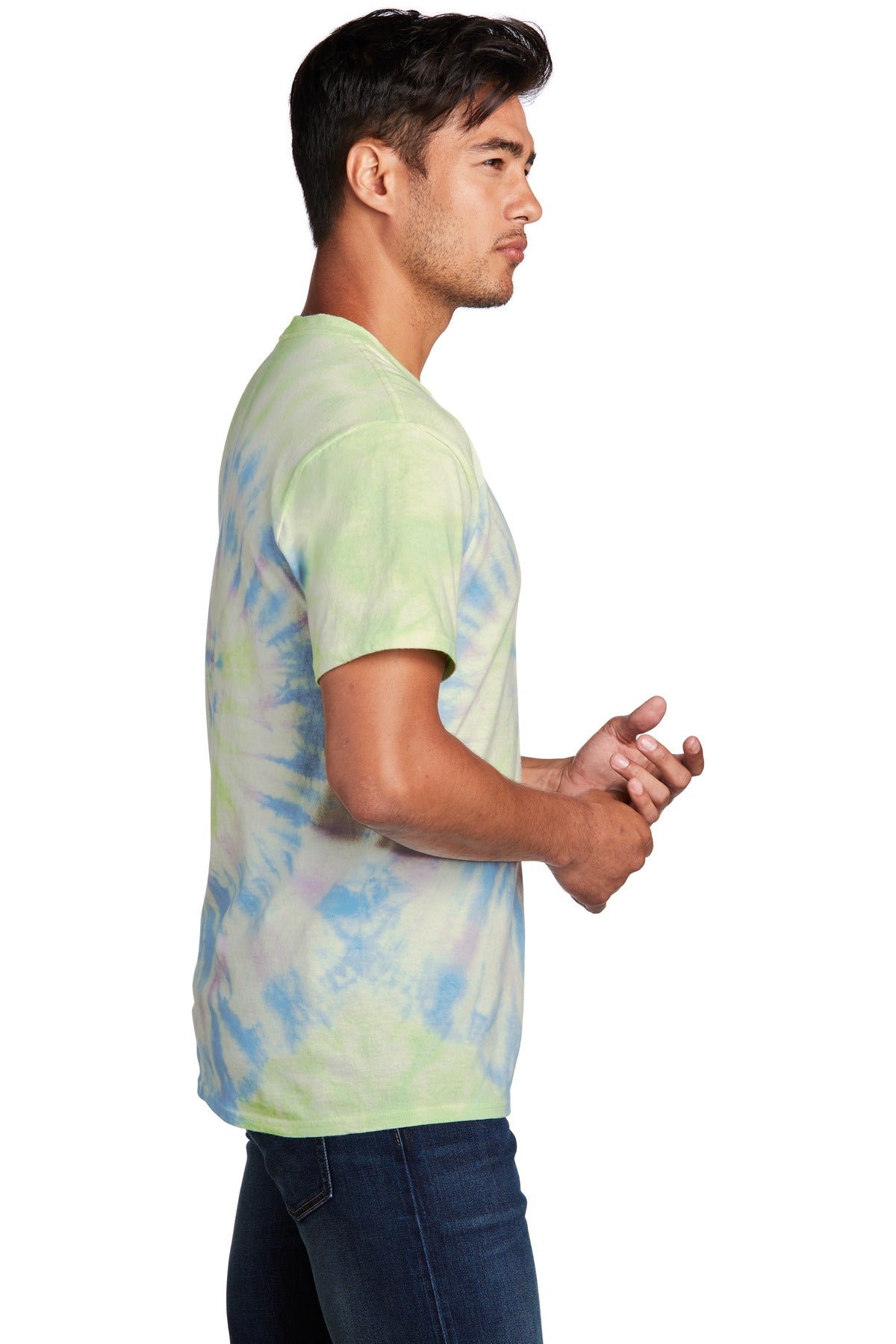 Right View of Watercolor Sp Port & Co Tie-Dye Tee. PC147 plain