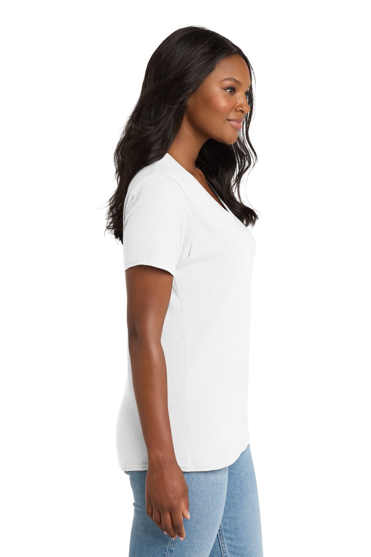 Right View of White Port & Co Women's Core Cotton V-Neck Tee. LPC54V plain