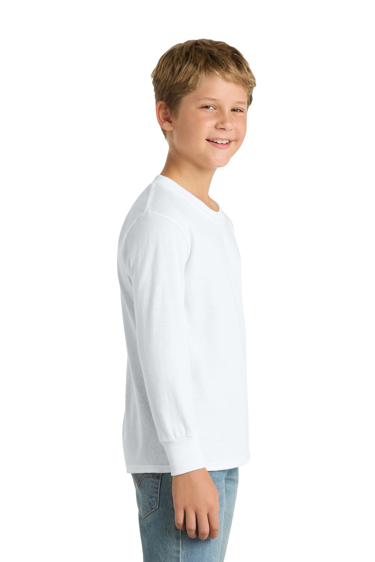 Right View of White Port & Co Youth Long Sleeve Core Cotton Tee. PC54YLS plain