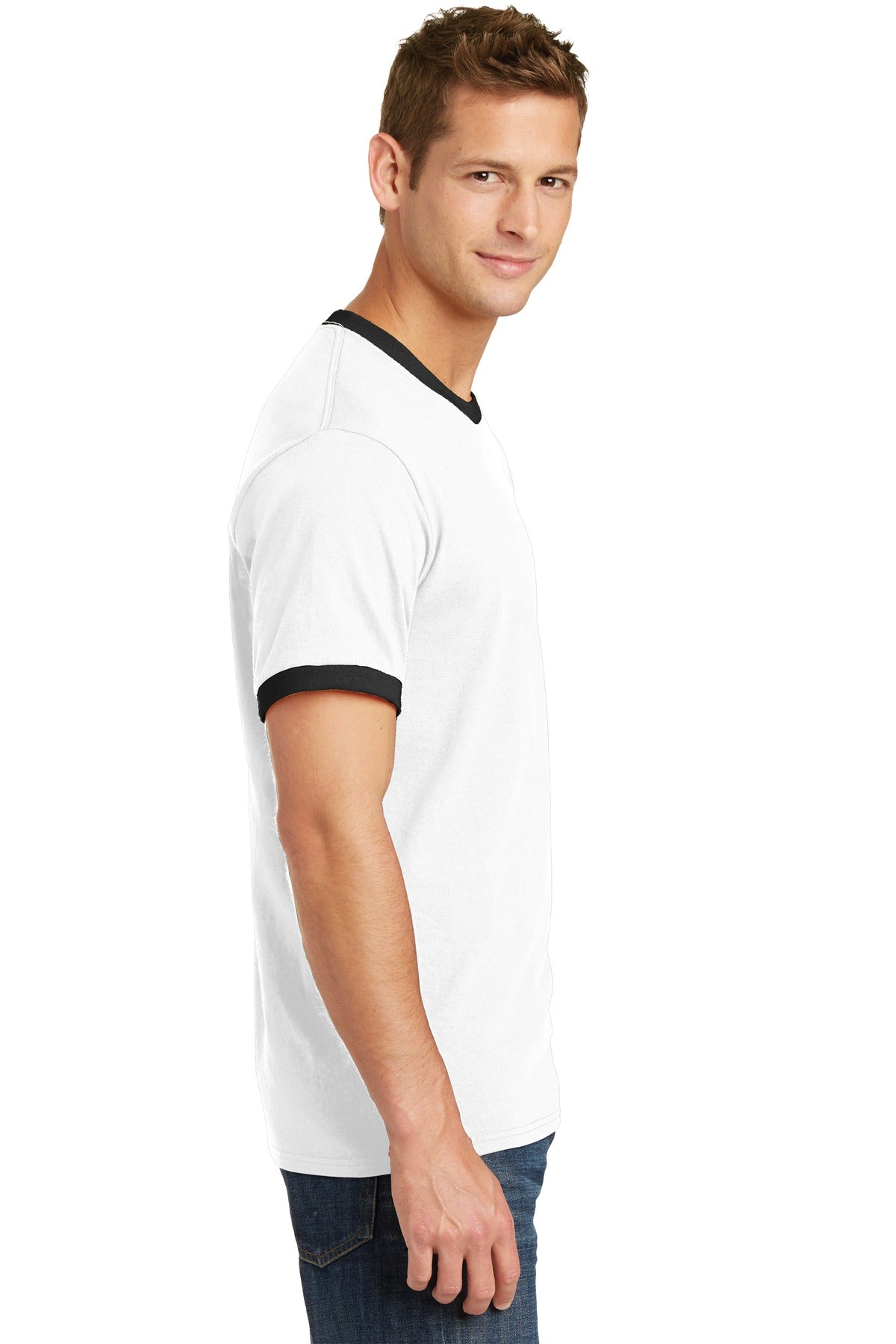 Right View of White/Jet Blk Port & Co Core Cotton Ringer Tee. PC54R plain
