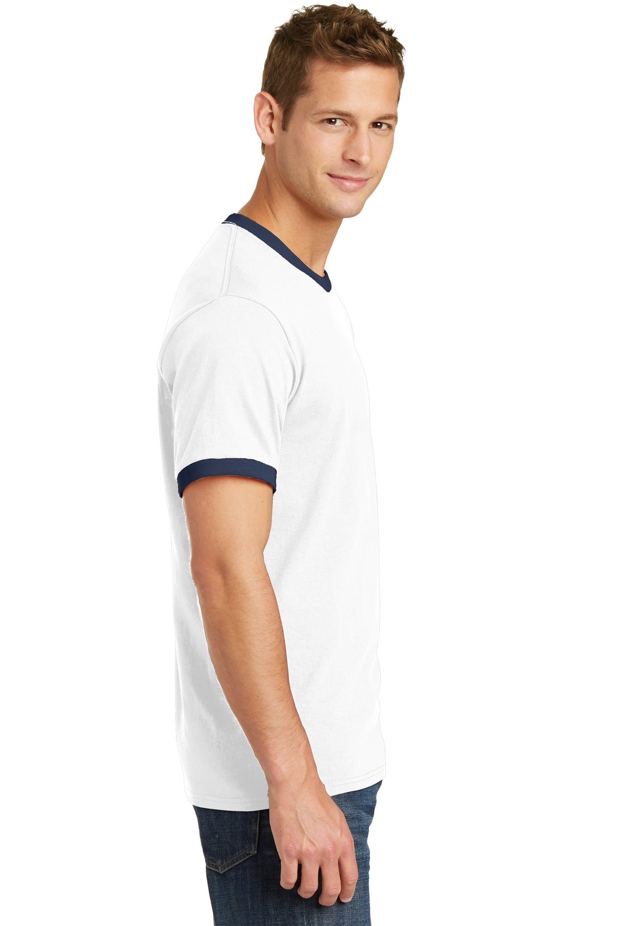 Right View of White/Navy Port & Co Core Cotton Ringer Tee. PC54R plain