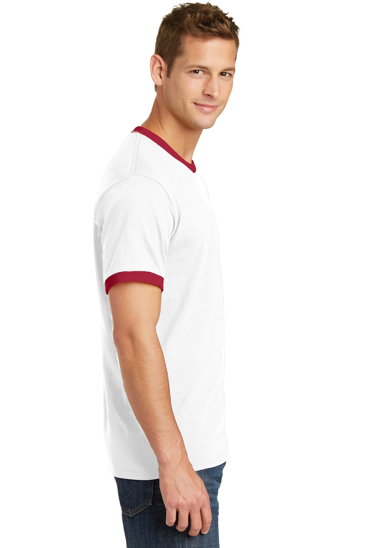 Right View of White/Red Port & Co Core Cotton Ringer Tee. PC54R plain