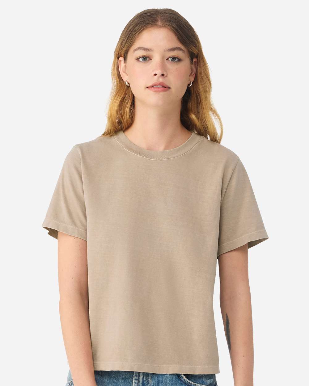 BELLA+CANVAS Women's Heavyweight Garment-Dyed Tee BC6110GD in Khaki, front view on model