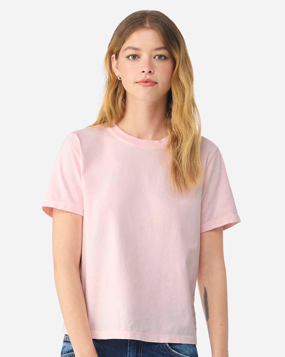 BELLA+CANVAS Women's Heavyweight Garment-Dyed Tee BC6110GD in Pink, front view on model