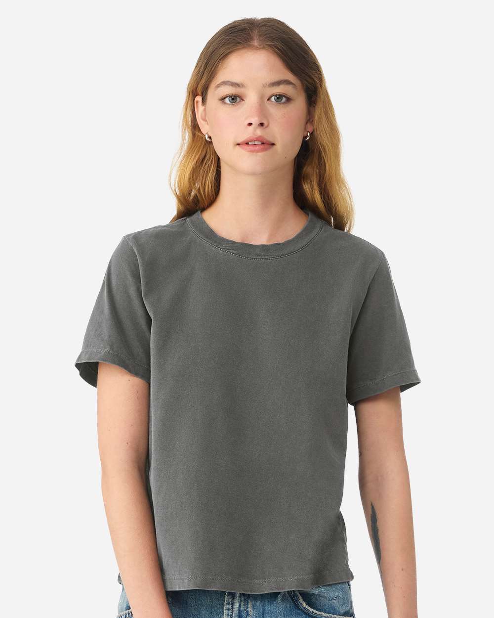 BELLA+CANVAS Women's Heavyweight Garment-Dyed Tee BC6110GD in Washed Charcoal, front view on model