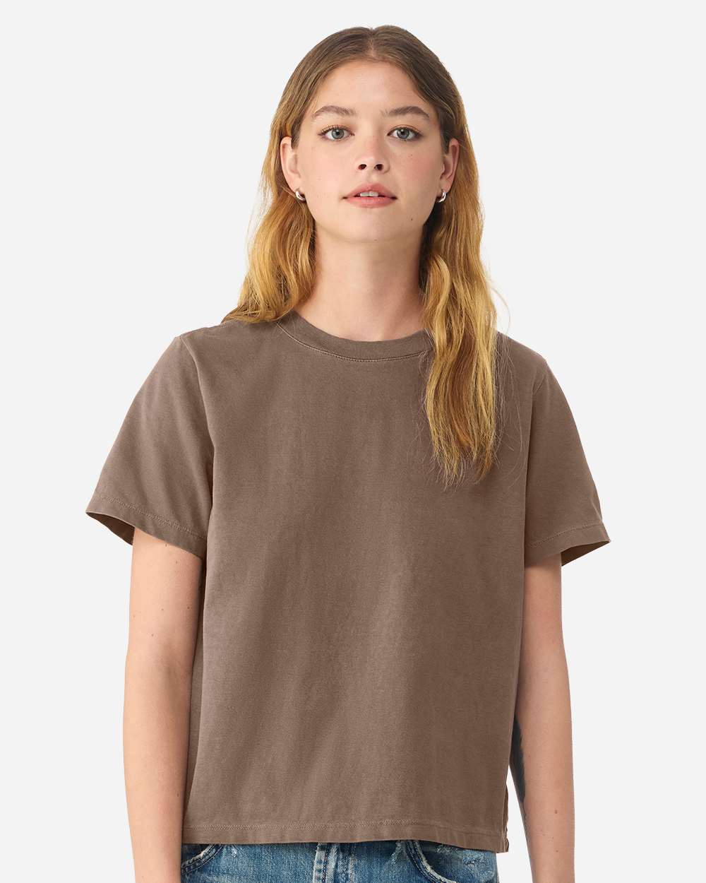BELLA+CANVAS Women's Heavyweight Garment-Dyed Tee BC6110GD in Washed Cocoa, front view on model