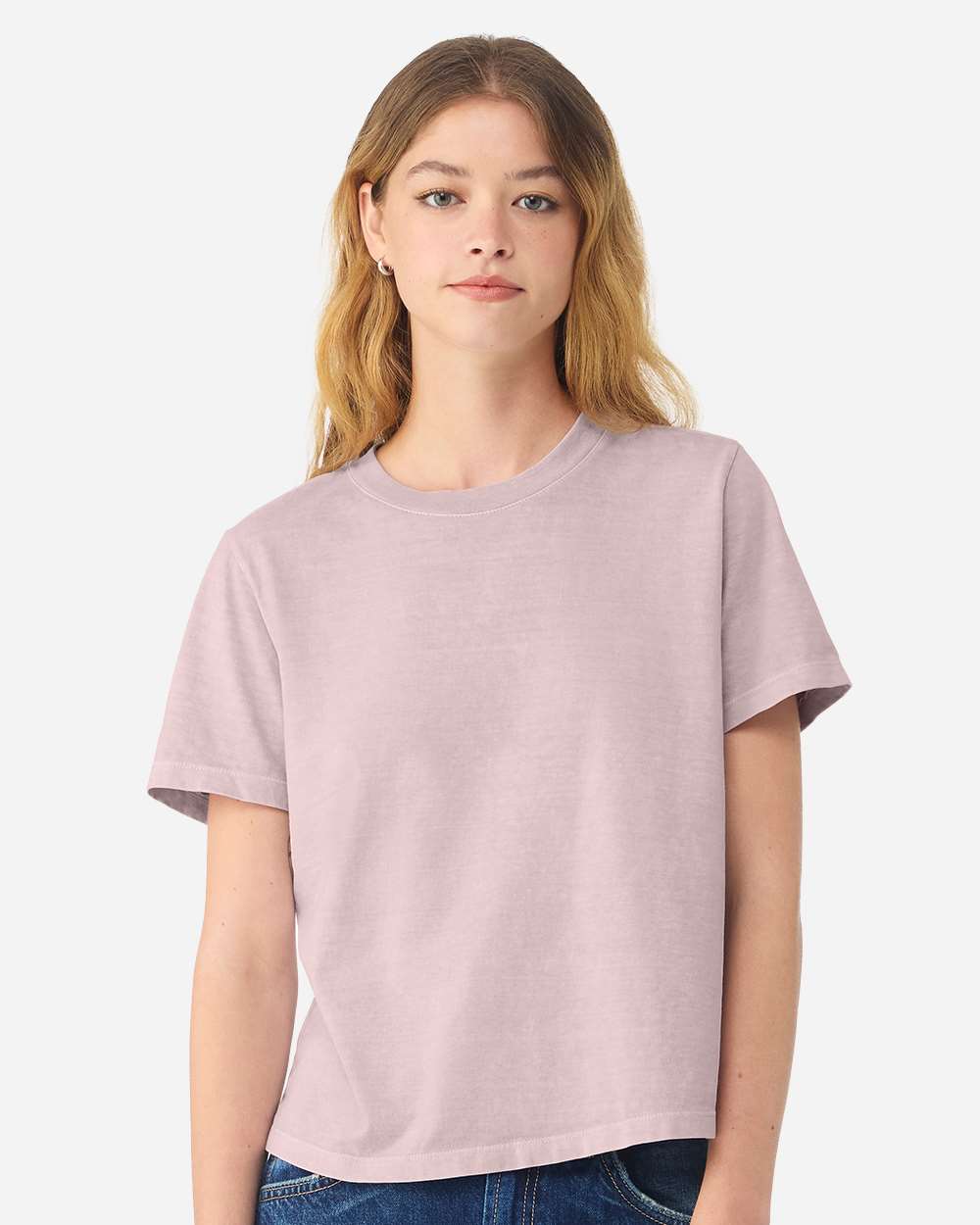 BELLA+CANVAS Women's Heavyweight Garment-Dyed Tee BC6110GD in Washed Lavender, front view on model