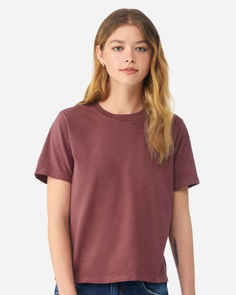 BELLA+CANVAS Women's Heavyweight Garment-Dyed Tee BC6110GD in Washed Maroon, front view on model