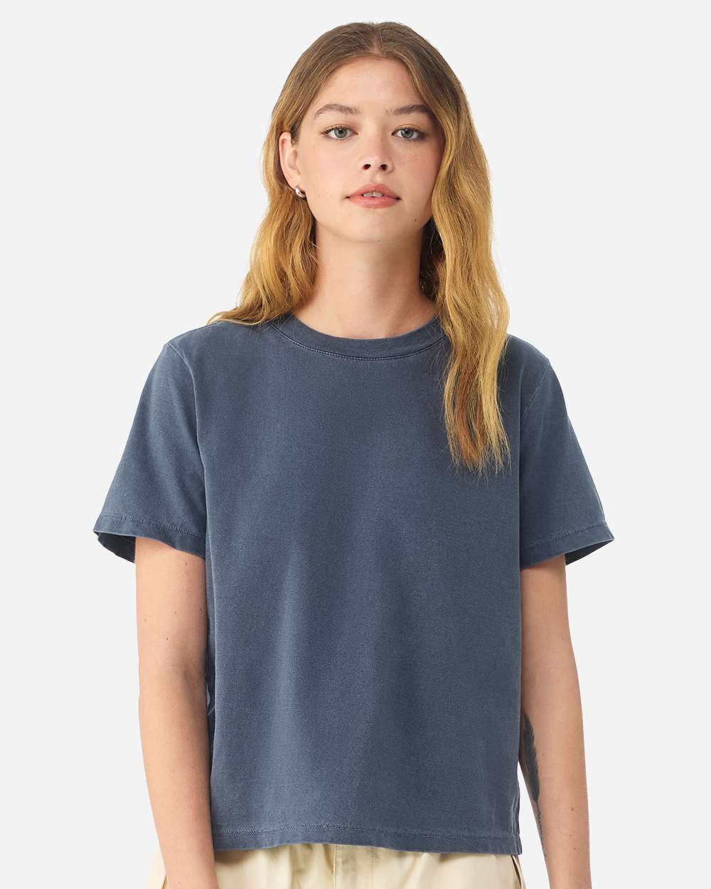 BELLA+CANVAS Women's Heavyweight Garment-Dyed Tee BC6110GD in Washed Navy, front view on model
