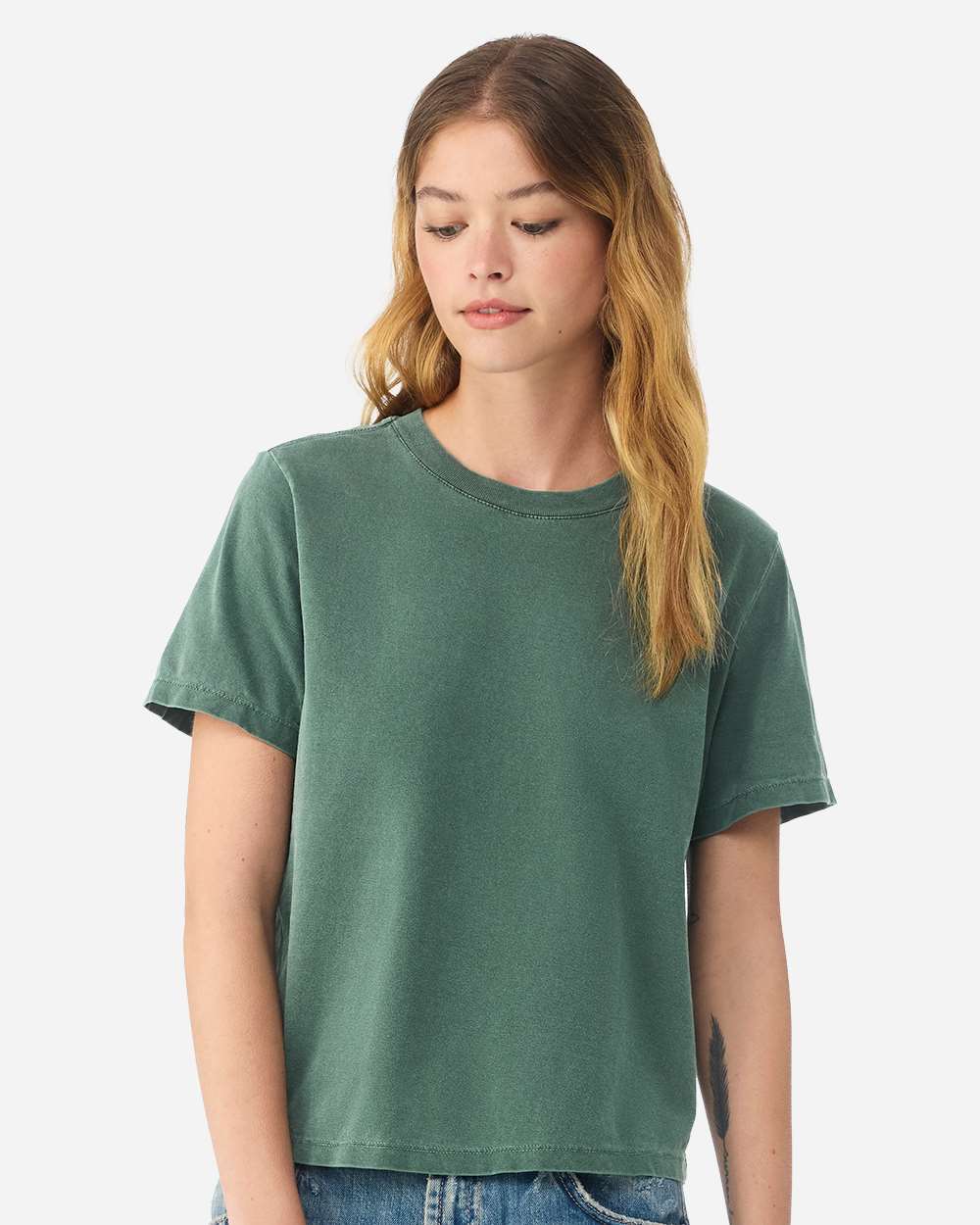 BELLA+CANVAS Women's Heavyweight Garment-Dyed Tee BC6110GD in Washed Pine, front view on model