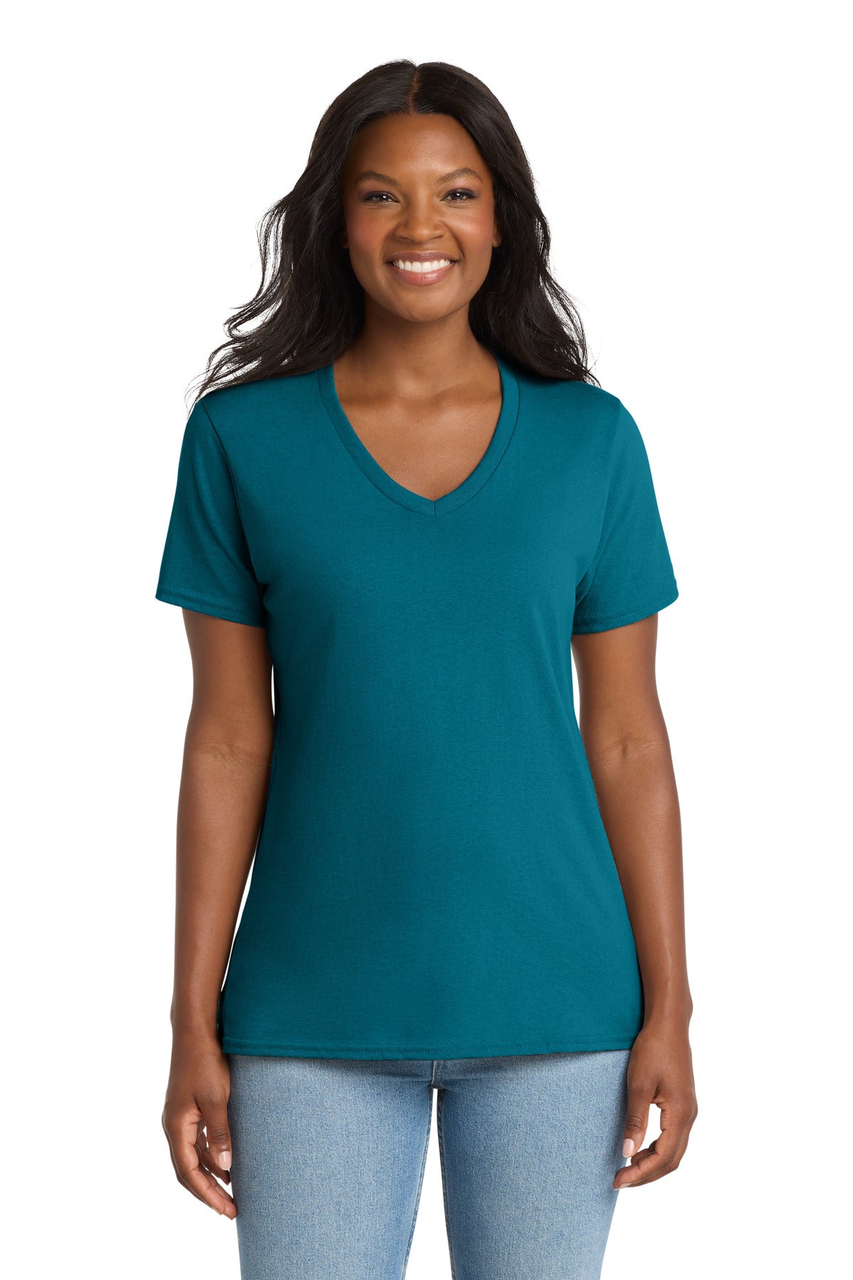 Teal Port & Co Women's Core Cotton V-Neck Tee. LPC54V plain