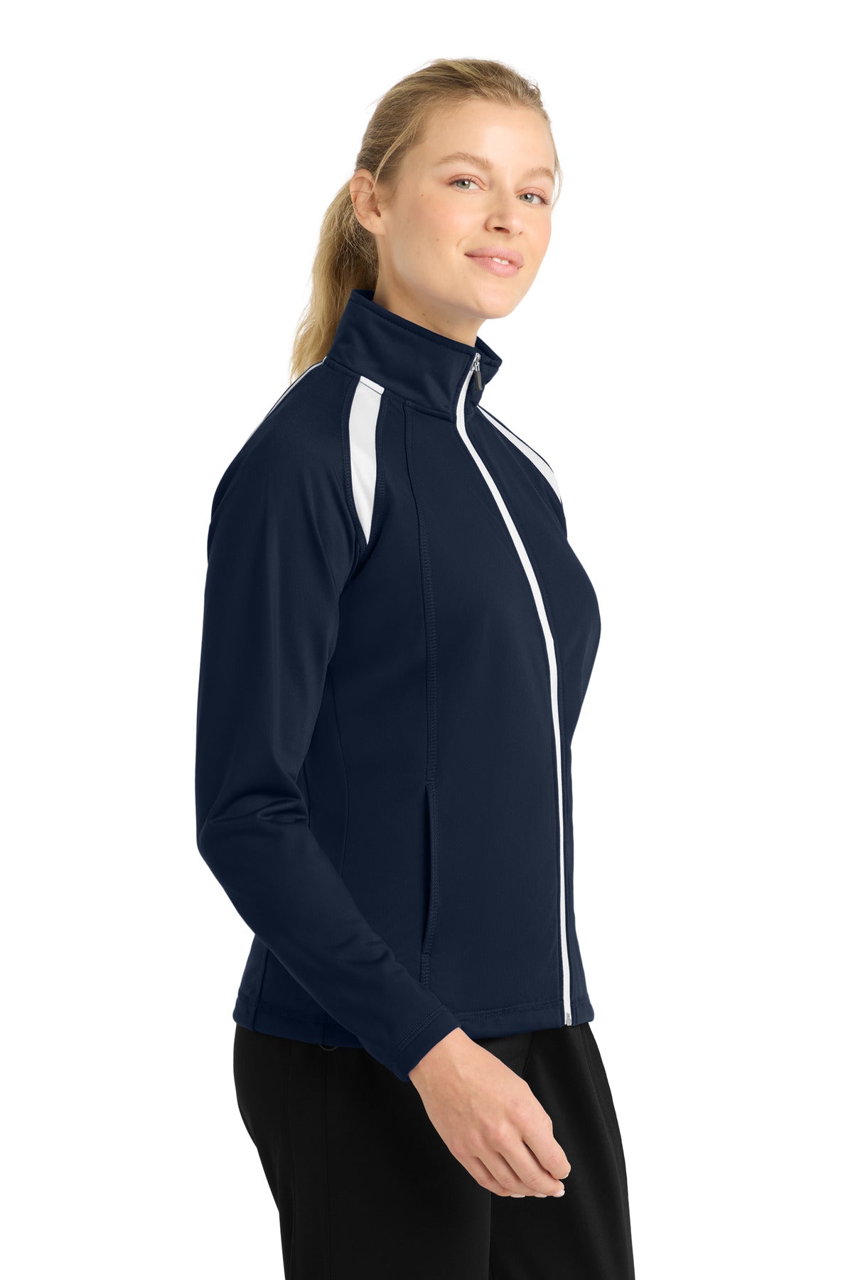 True Navy/Whit Sport-Tek Women's Tricot Track Jacket. LST90 plain