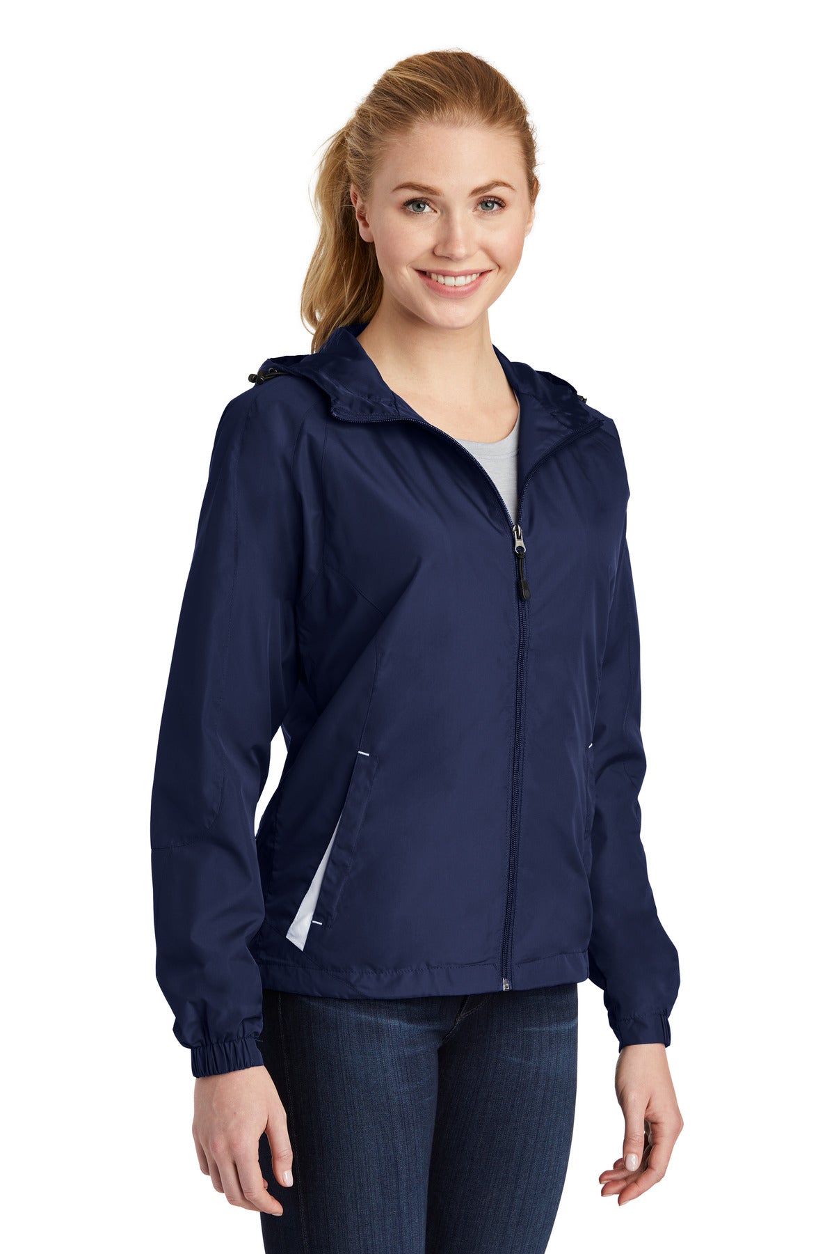 True Navy/Wht Sport-Tek Women's Colorblock Hooded Raglan Jacket. LST76 plain