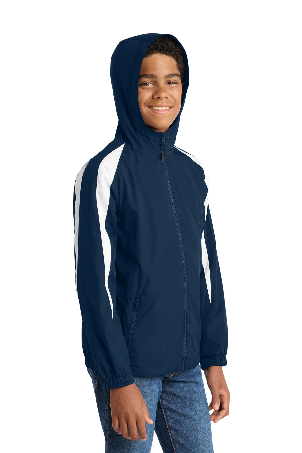True Navy/Wht Sport-Tek Youth Fleece-Lined Colorblock Jacket. YST81 plain