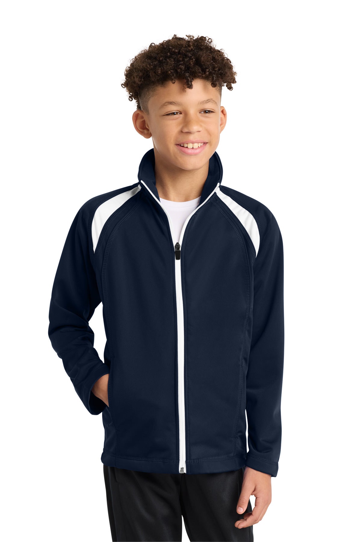 True Navy/Wht Sport-Tek Youth Tricot Track Jacket. YST90 plain