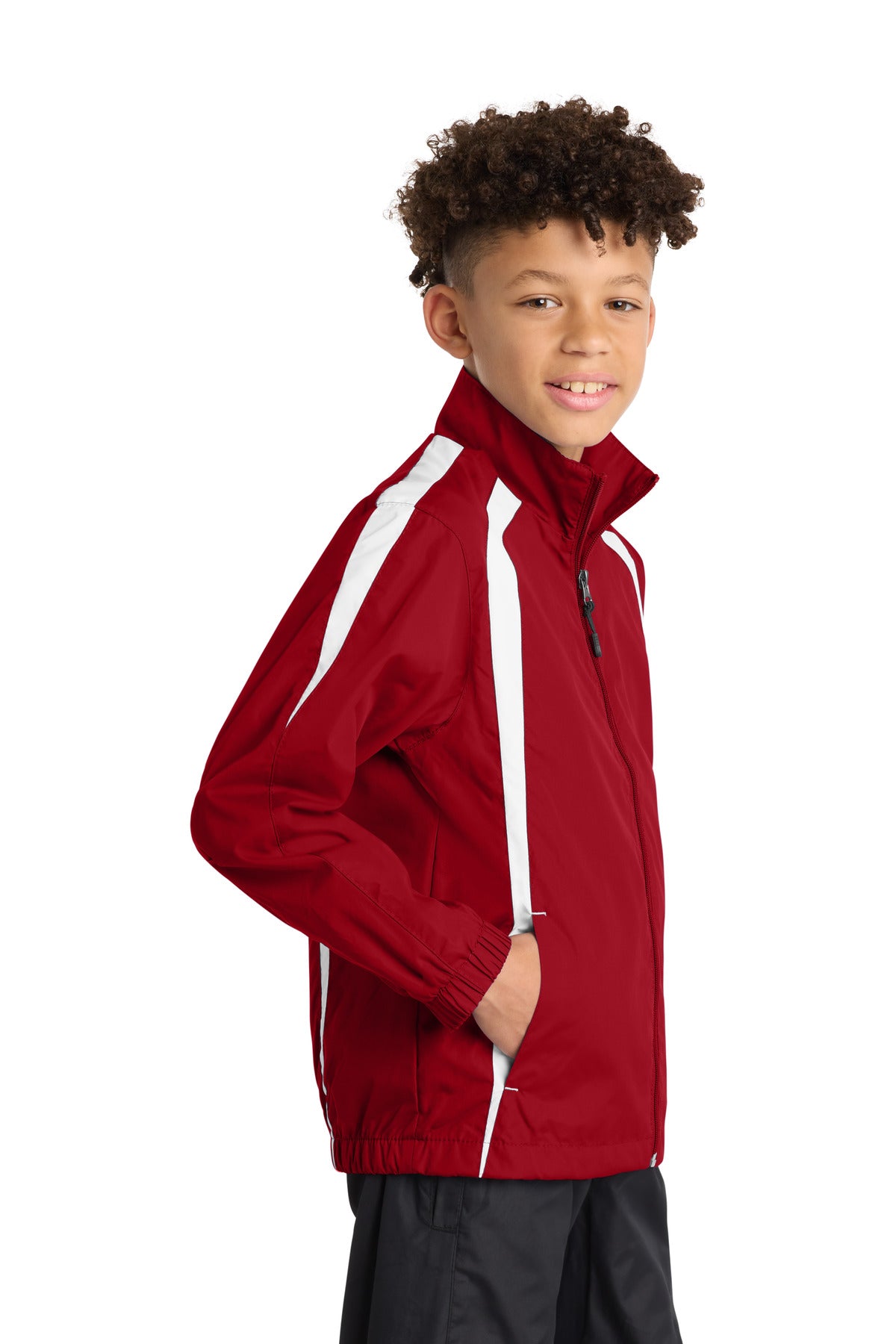 True Red/White Sport-Tek Youth Colorblock Raglan Jacket. YST60