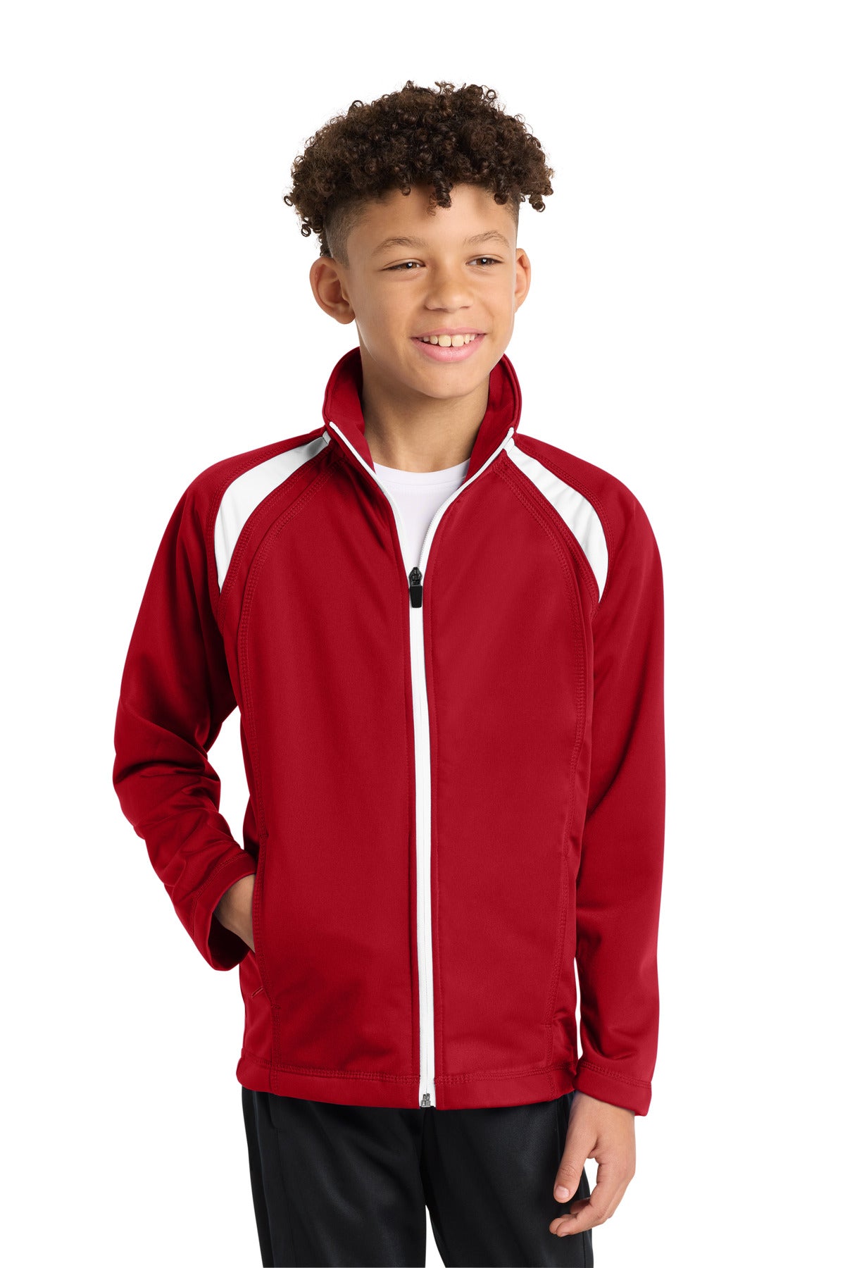 True Red/White Sport-Tek Youth Tricot Track Jacket. YST90 plain