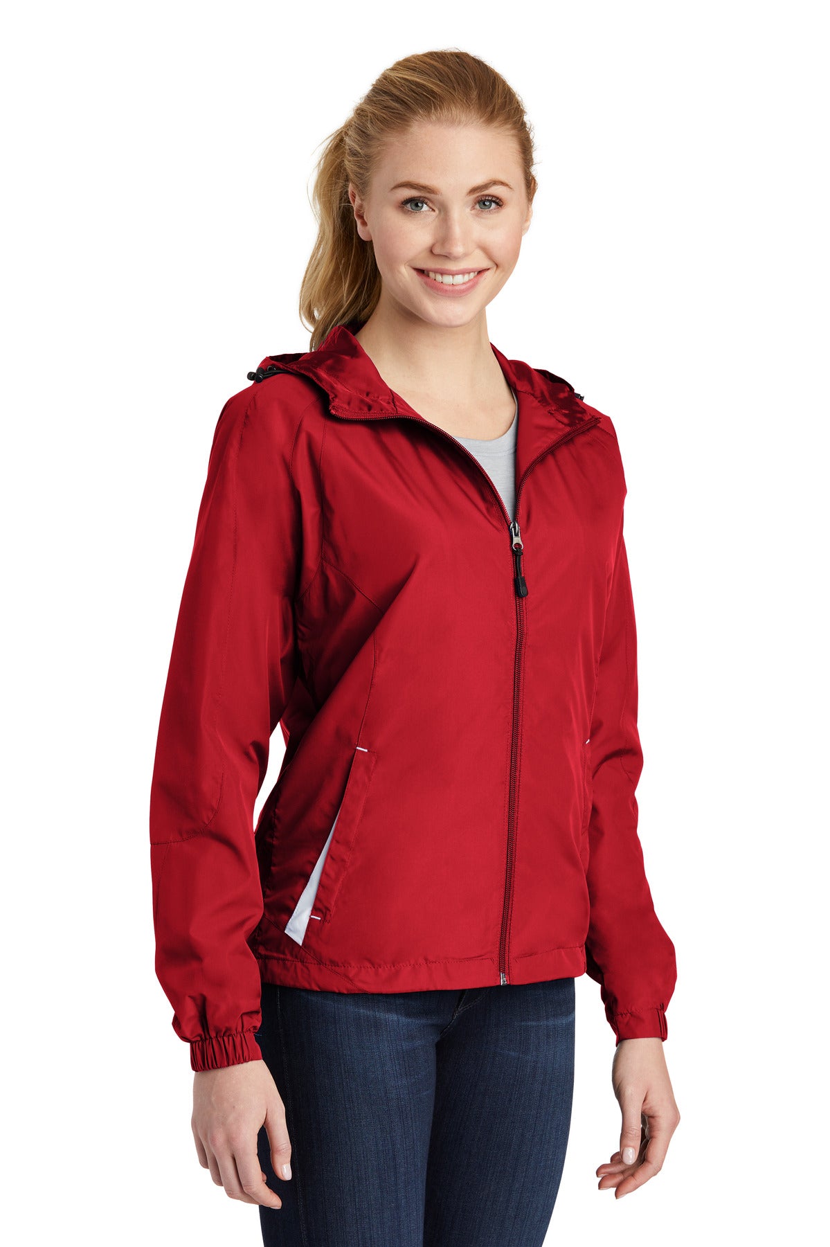 True Red/Wht Sport-Tek Women's Colorblock Hooded Raglan Jacket. LST76 plain