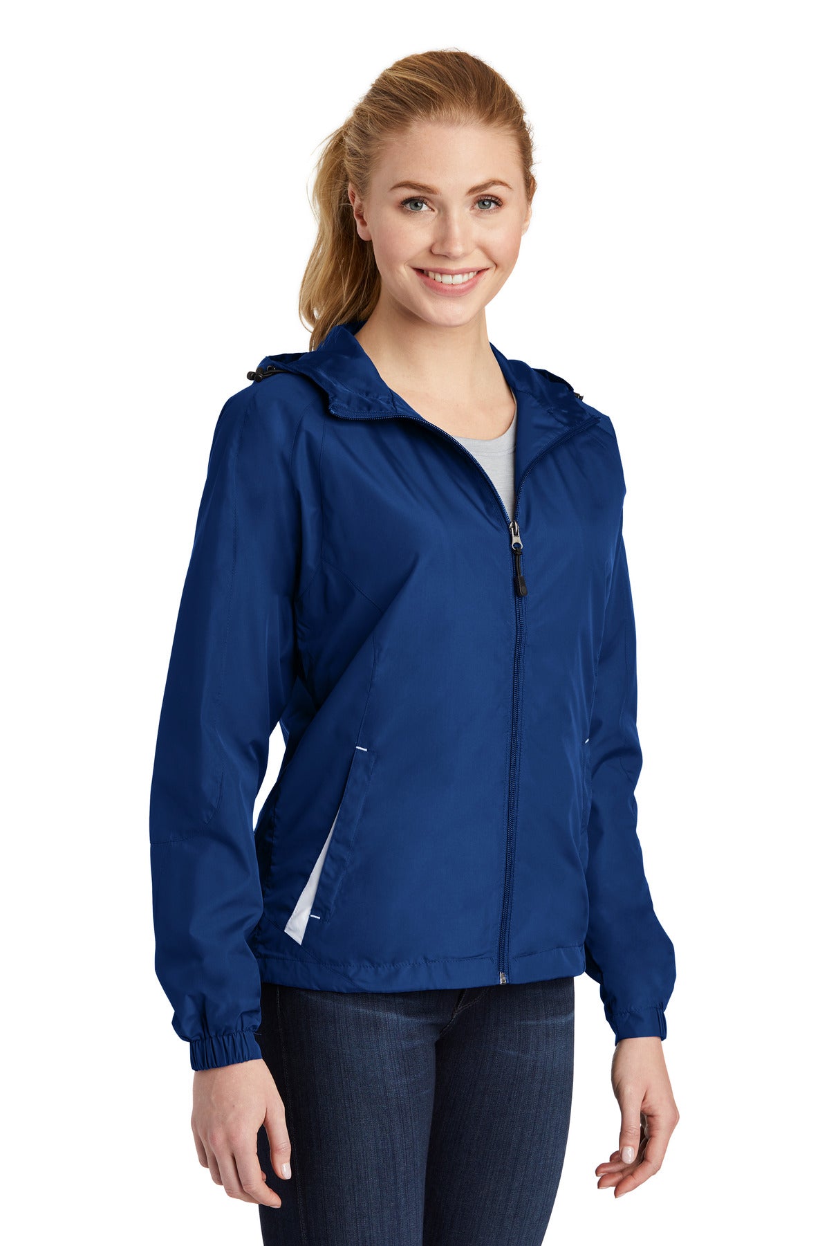 True Royal/Wht Sport-Tek Women's Colorblock Hooded Raglan Jacket. LST76 plain