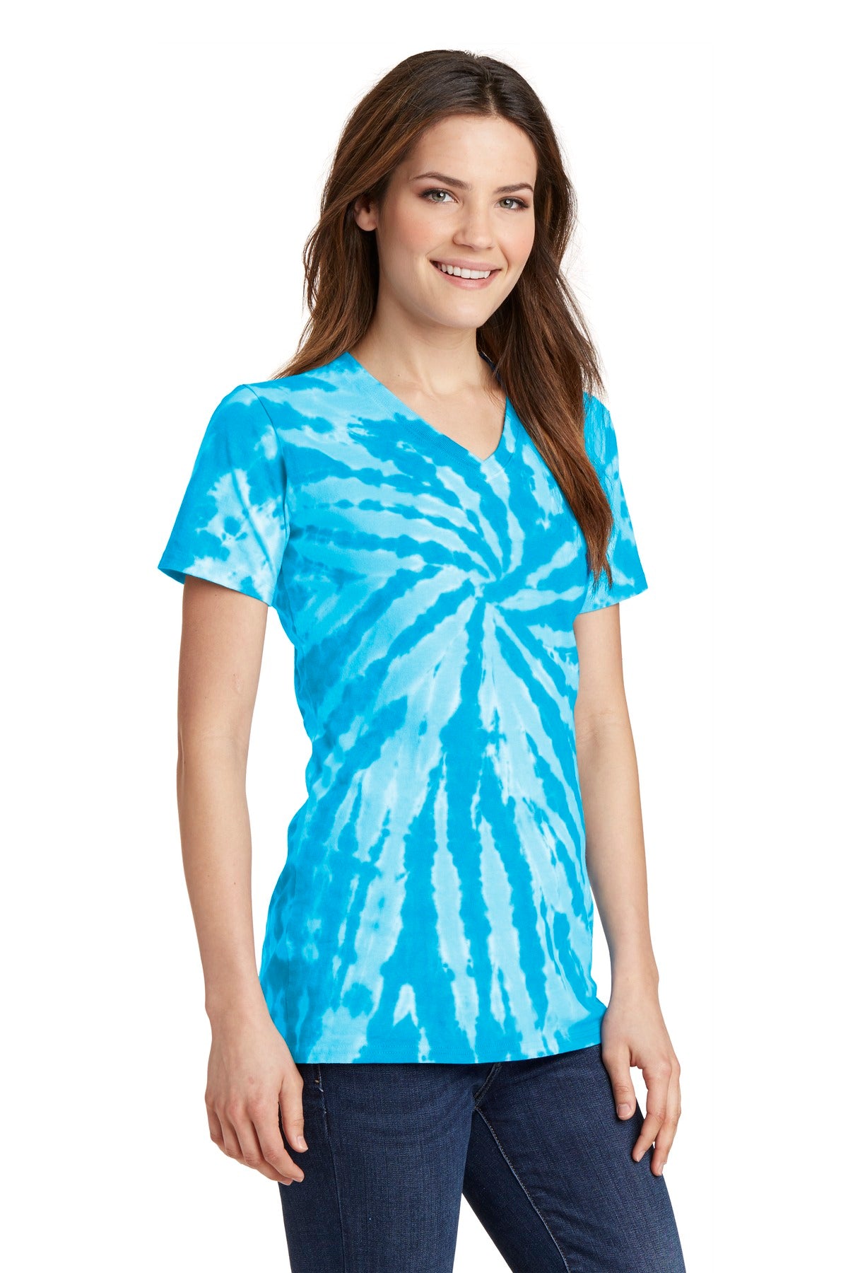 Turquoise Port & Co Women's Tie-Dye V-Neck Tee. LPC147V