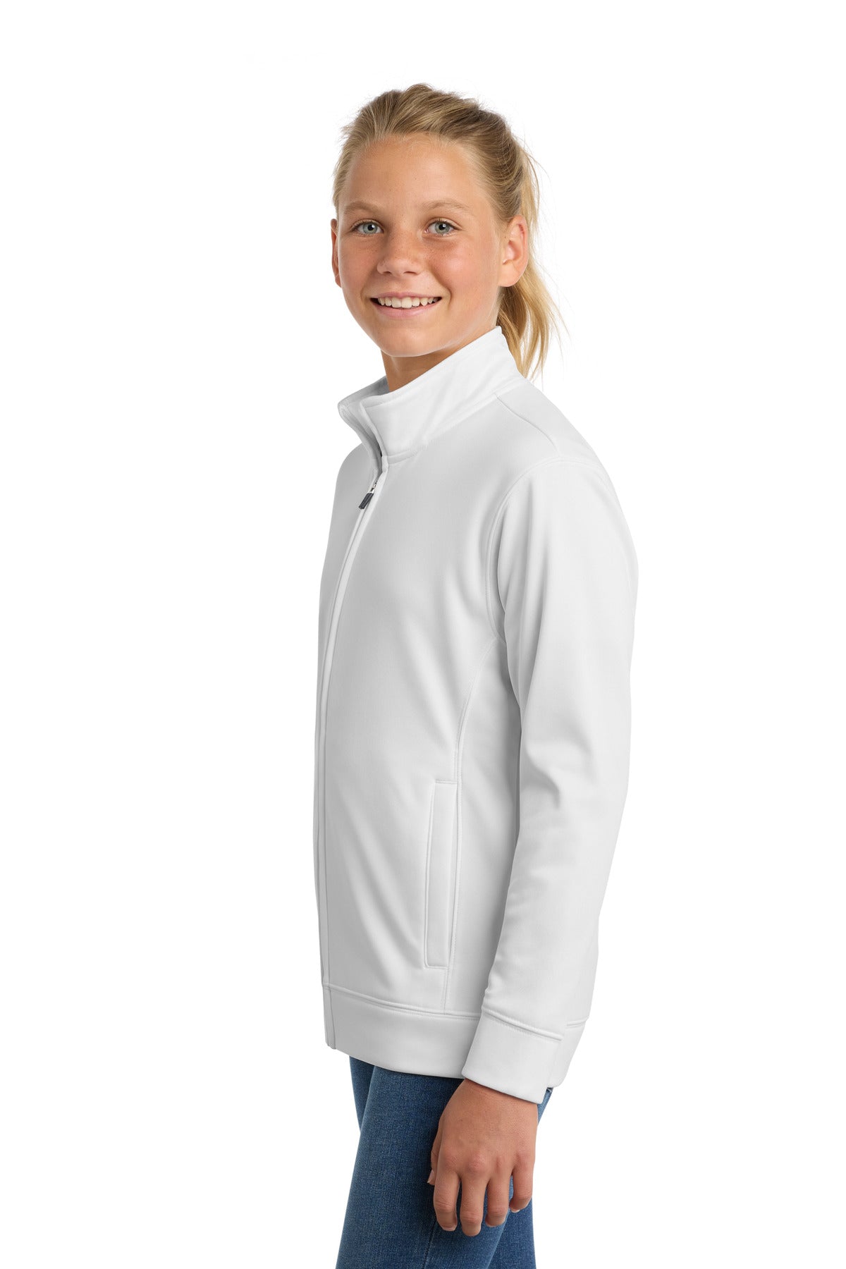 White Sport-Tek Youth Sport-Wick Fleece Full-Zip Jacket. YST241 plain