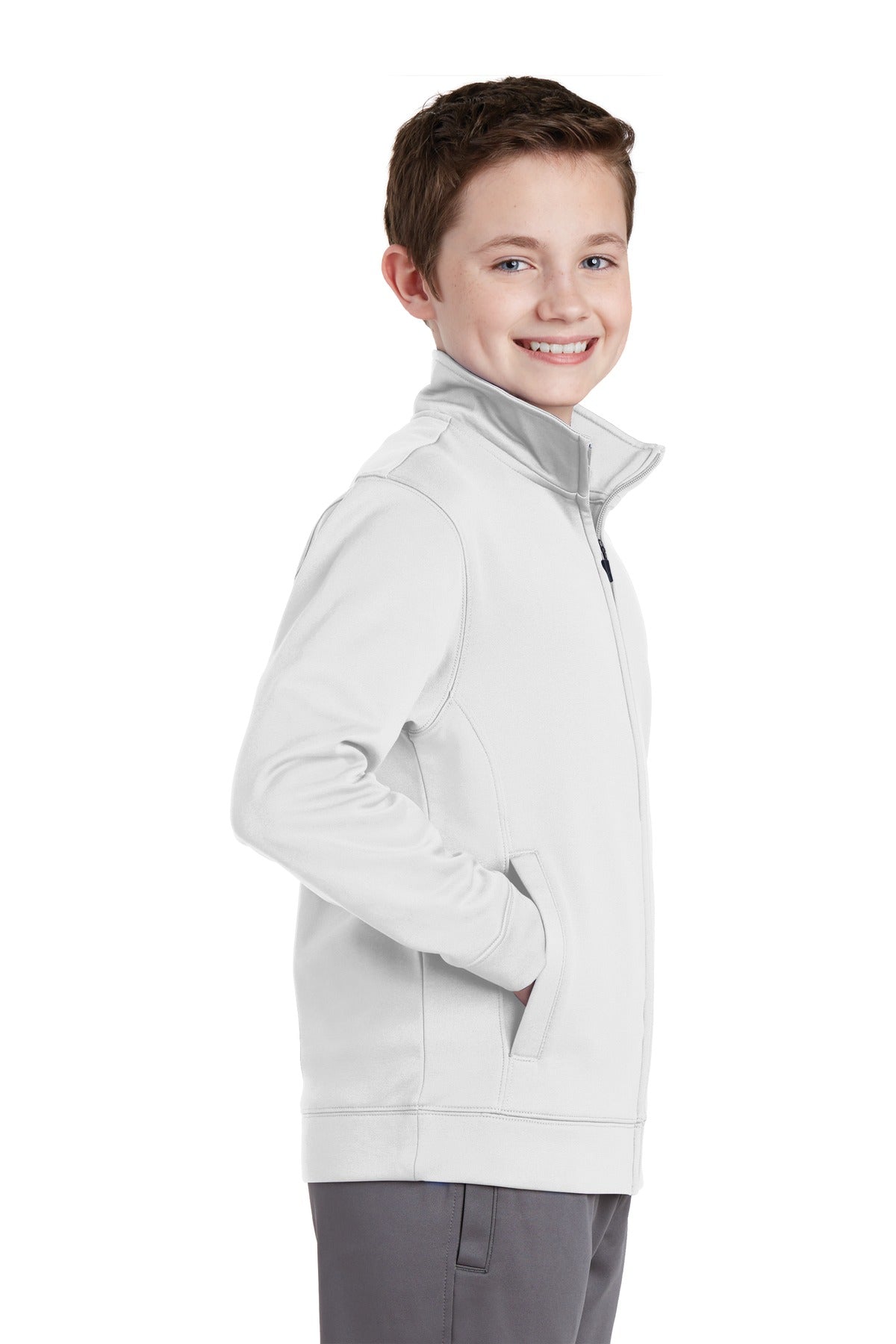 White Sport-Tek Youth Sport-Wick Fleece Full-Zip Jacket. YST241