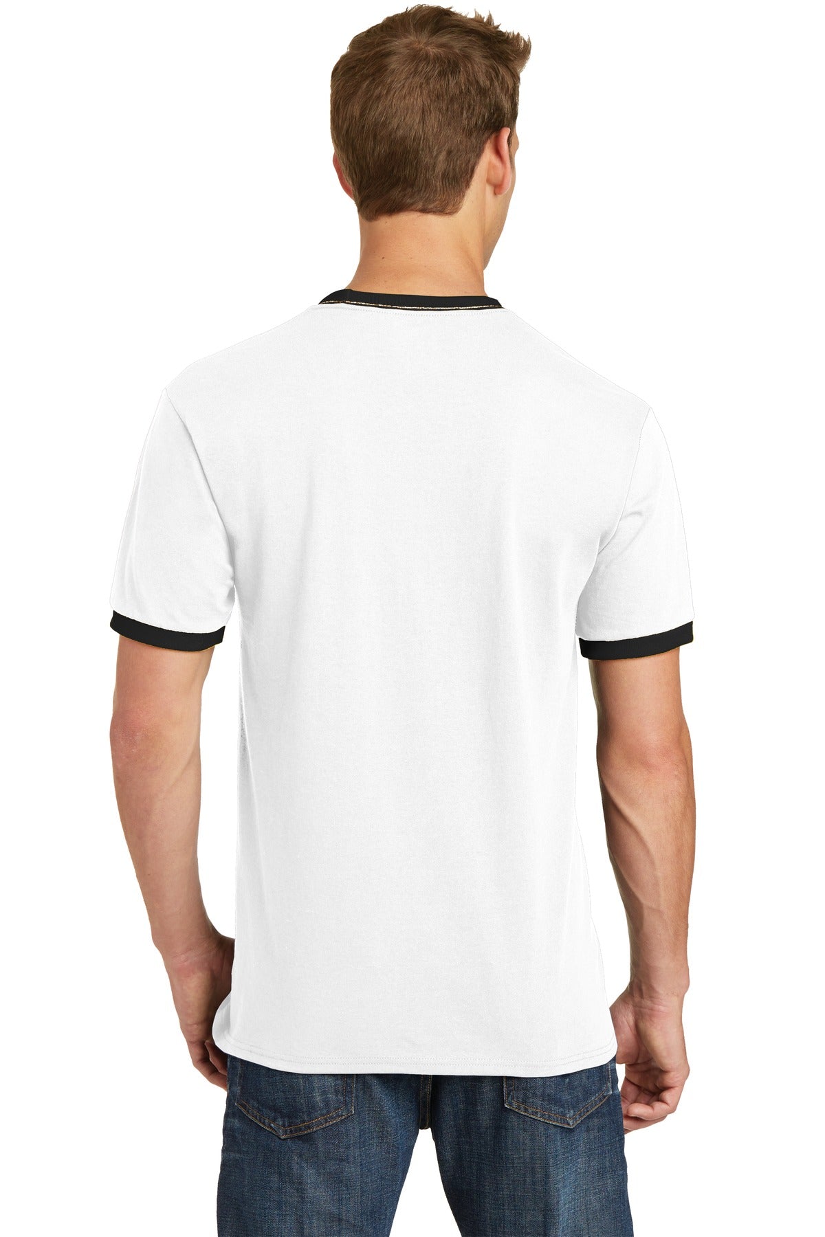 White/Jet Blk Port & Co Core Cotton Ringer Tee. PC54R plain