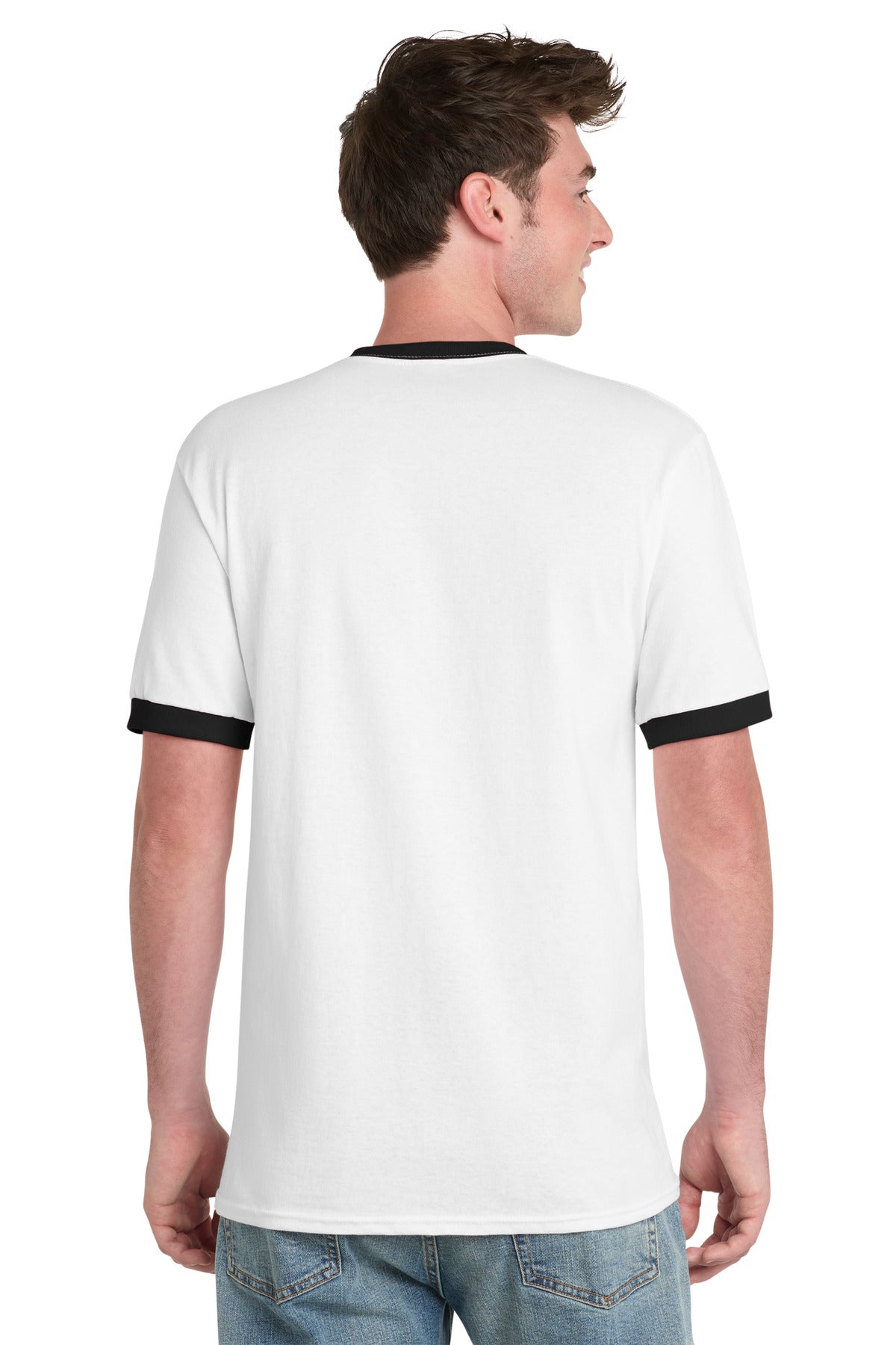 White/Jet Blk Port & Co Core Cotton Ringer Tee. PC54R plain