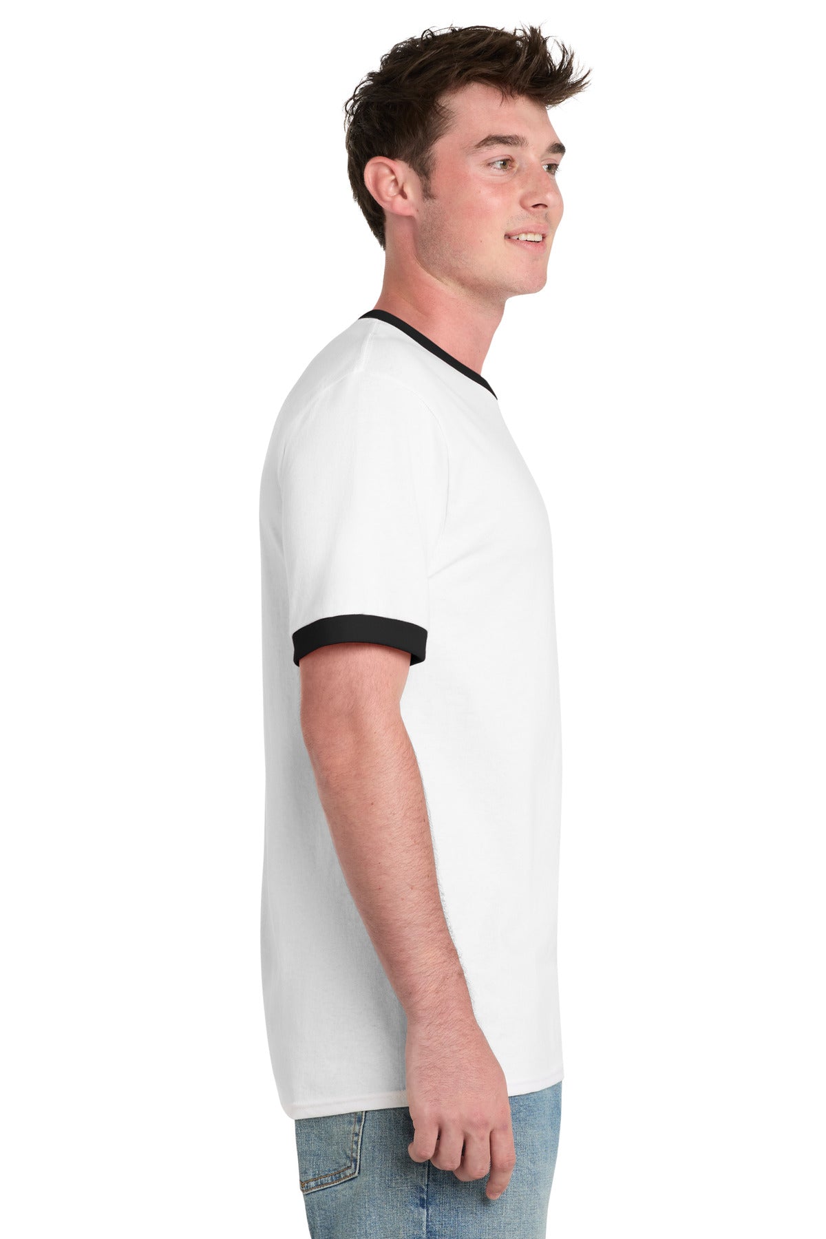 White/Jet Blk Port & Co Core Cotton Ringer Tee. PC54R