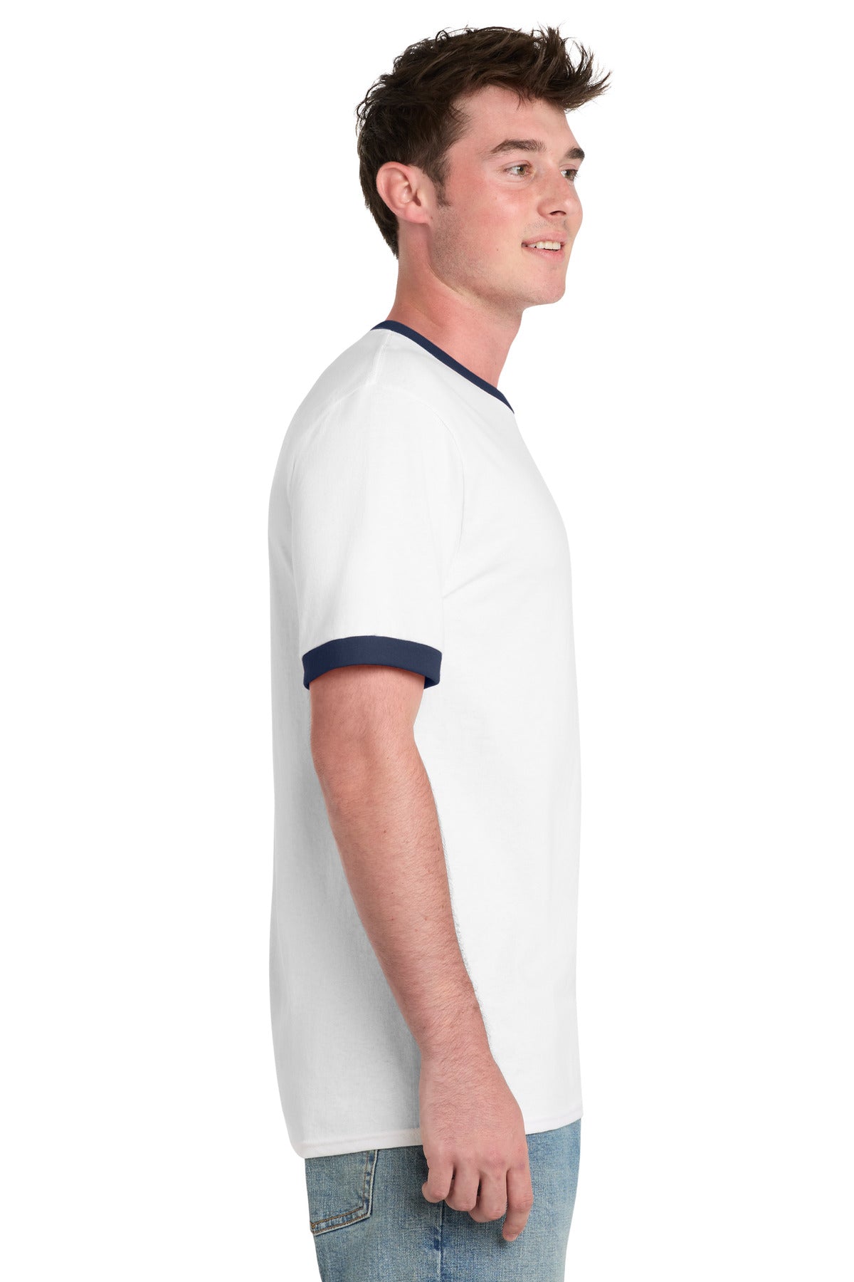 White/Navy Port & Co Core Cotton Ringer Tee. PC54R