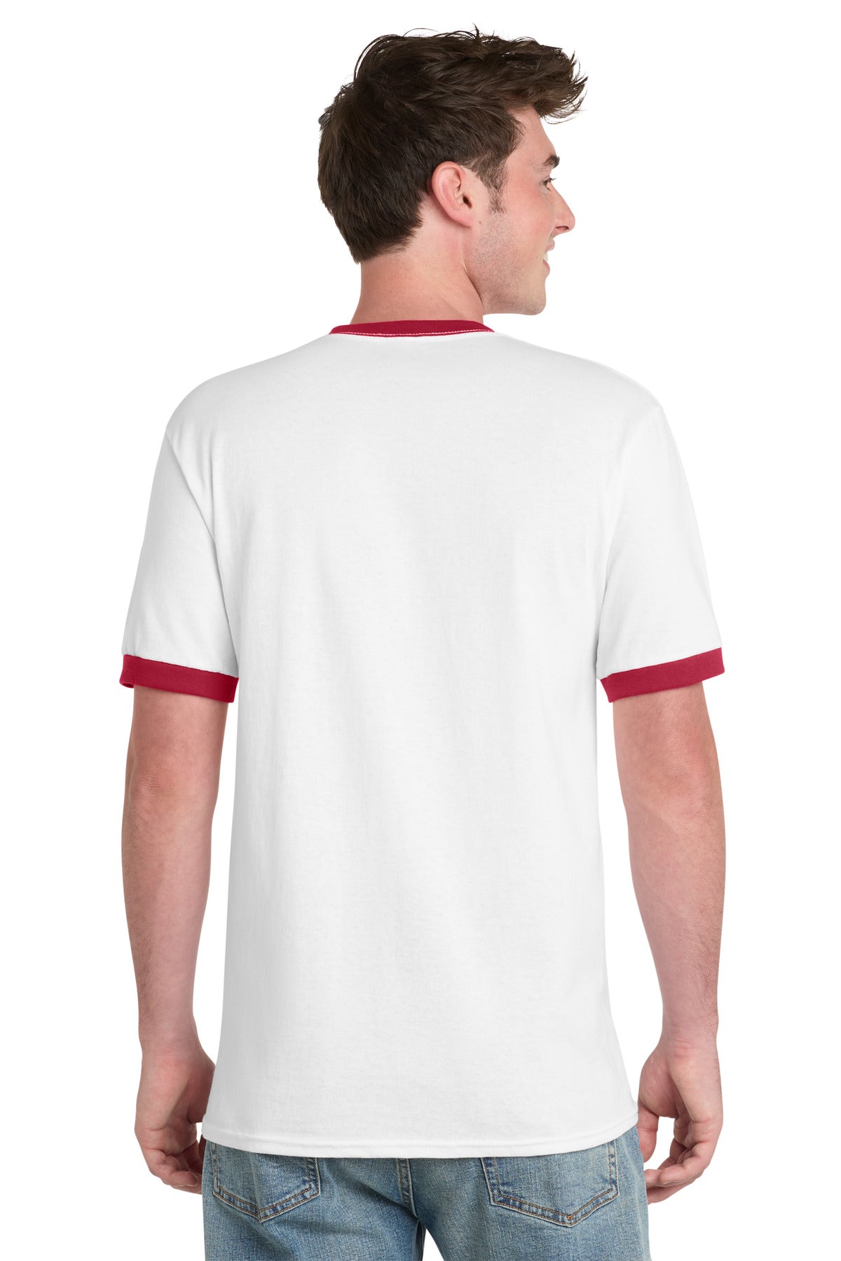 White/Red Port & Co Core Cotton Ringer Tee. PC54R plain