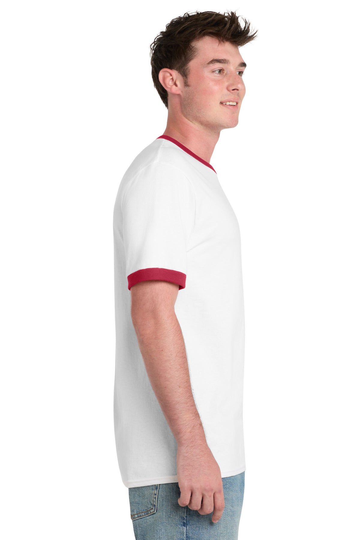 White/Red Port & Co Core Cotton Ringer Tee. PC54R