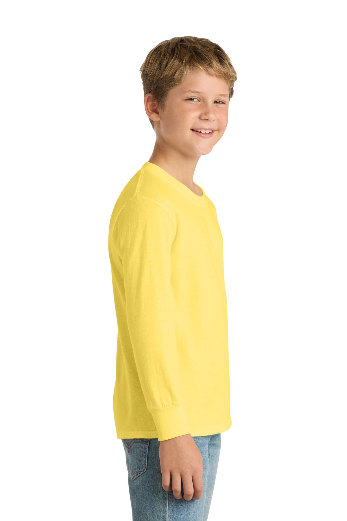 Yellow Port & Co Youth Long Sleeve Core Cotton Tee. PC54YLS plain